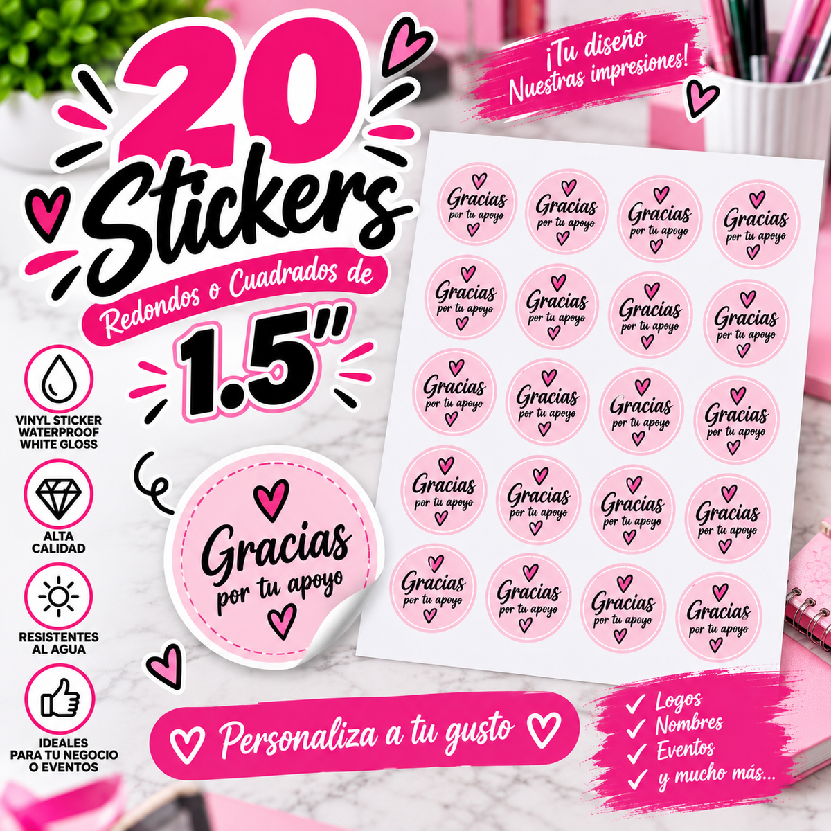 Stickers Personalizados de 1.5" - 20 stickers