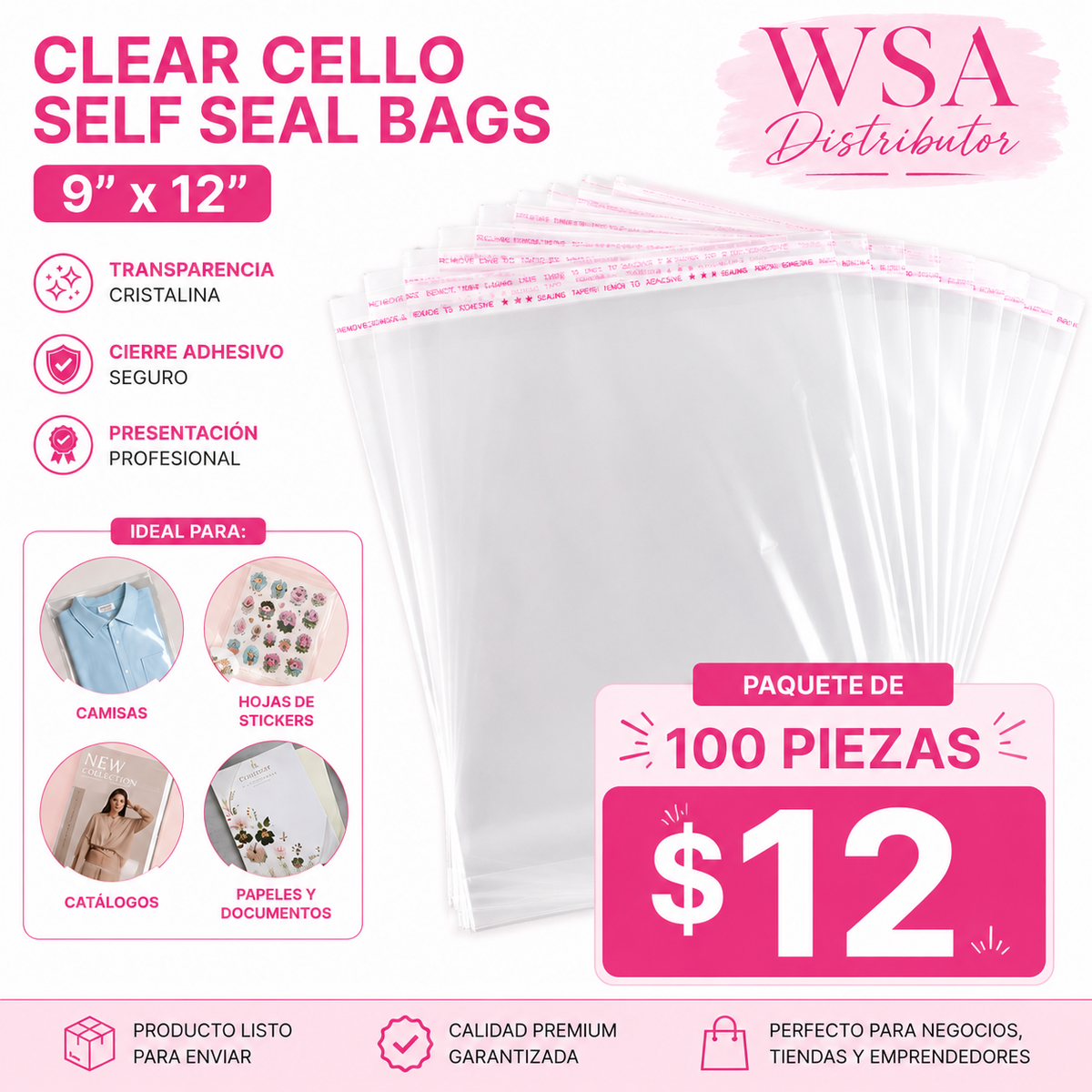 Bolsas Transparentes Clear Cello Self Seal 9" x 12" – Paquete de 25 o 100