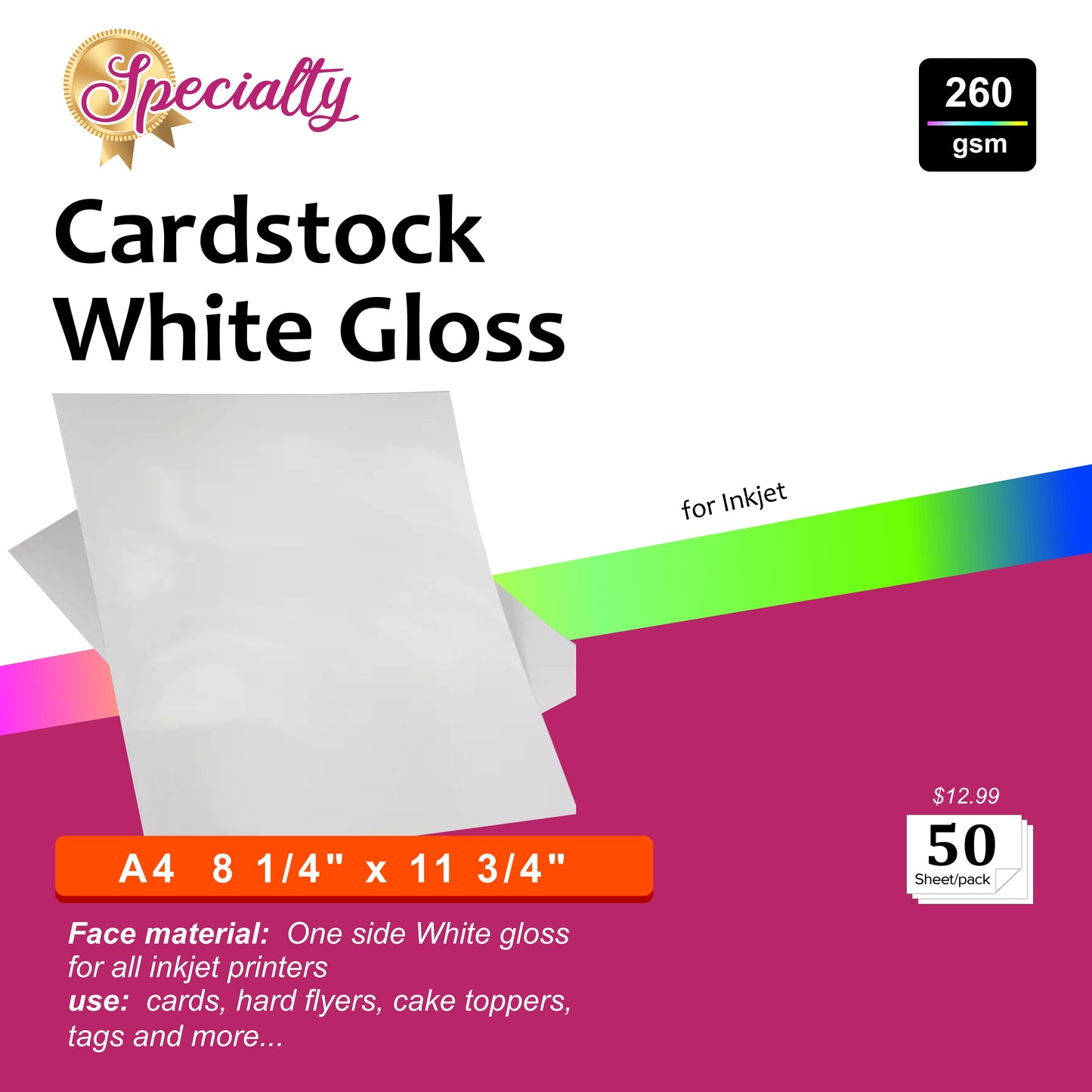 Cardstock White Gloss A4 260gsm para Impresoras Inkjet – Paquete de 50 Hojas