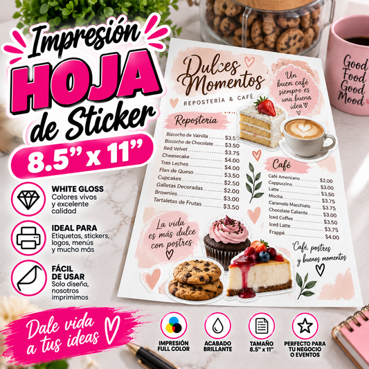 hoja de sticker 8.5"x11" impresa white gloss