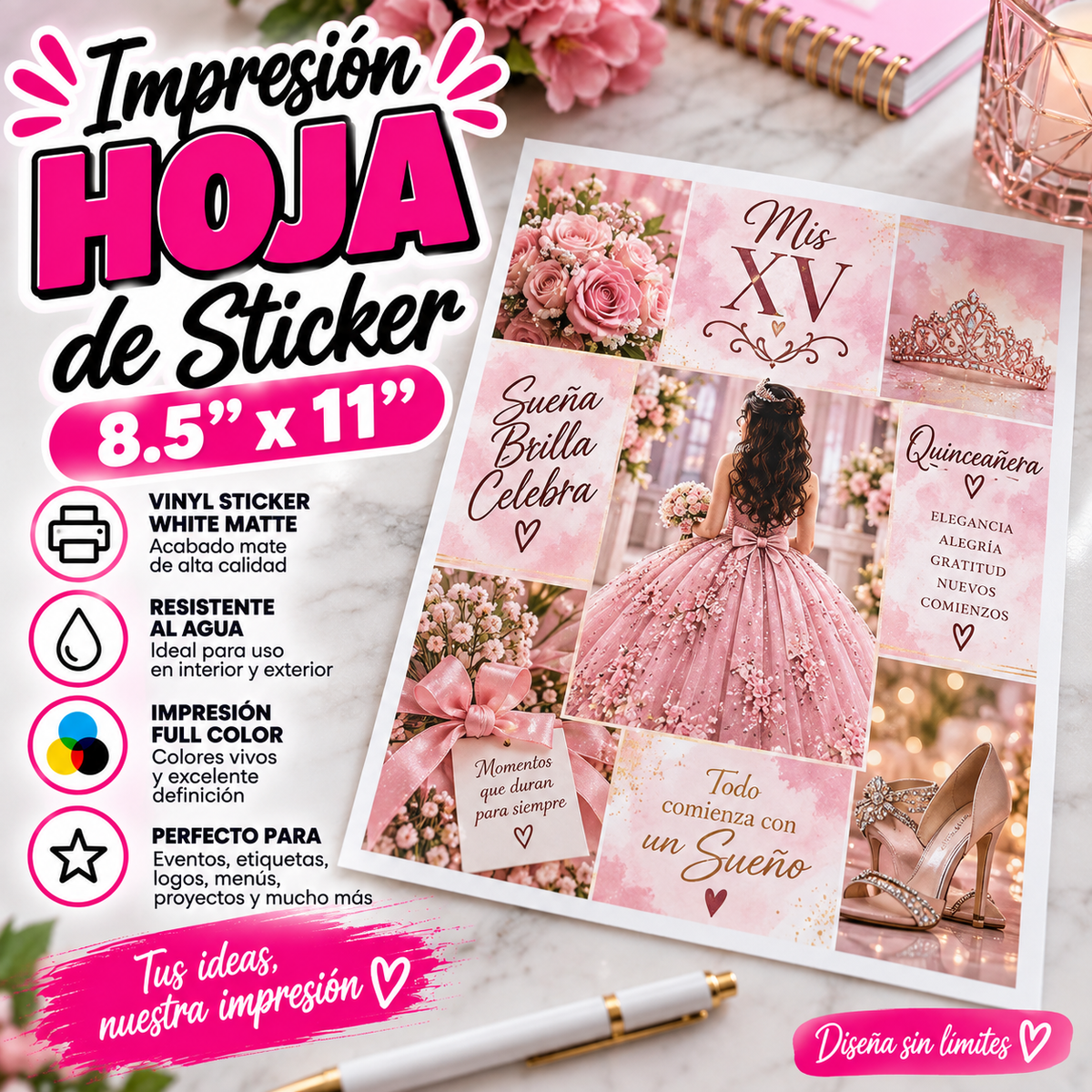 Hoja de sticker 8.5"x11" impresa white matte