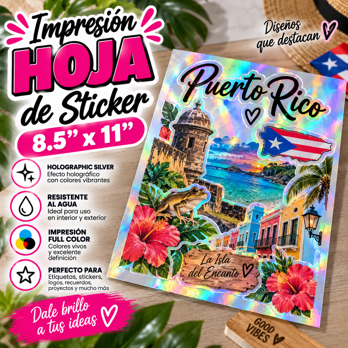 Hoja de sticker 8.5"x11" holografica impresa
