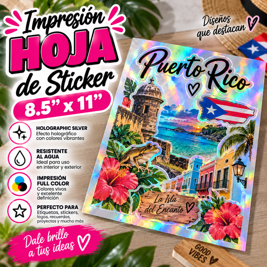 Hoja de sticker 8.5"x11" holografica impresa