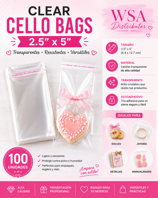 100pc clear cello bags 2.5"x5