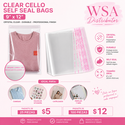 Bolsas Transparentes Clear Cello Self Seal 9" x 12" – Paquete de 25 o 100
