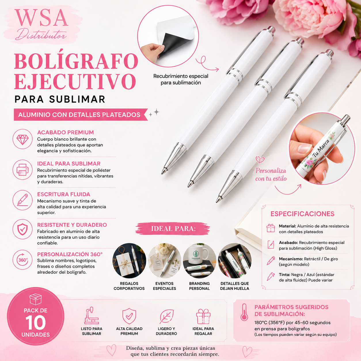 Aluminum sublimation pen with silver metal