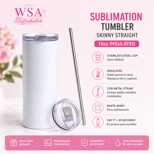 Sublimation skinny tumbler, straight, 15oz, with metal straw