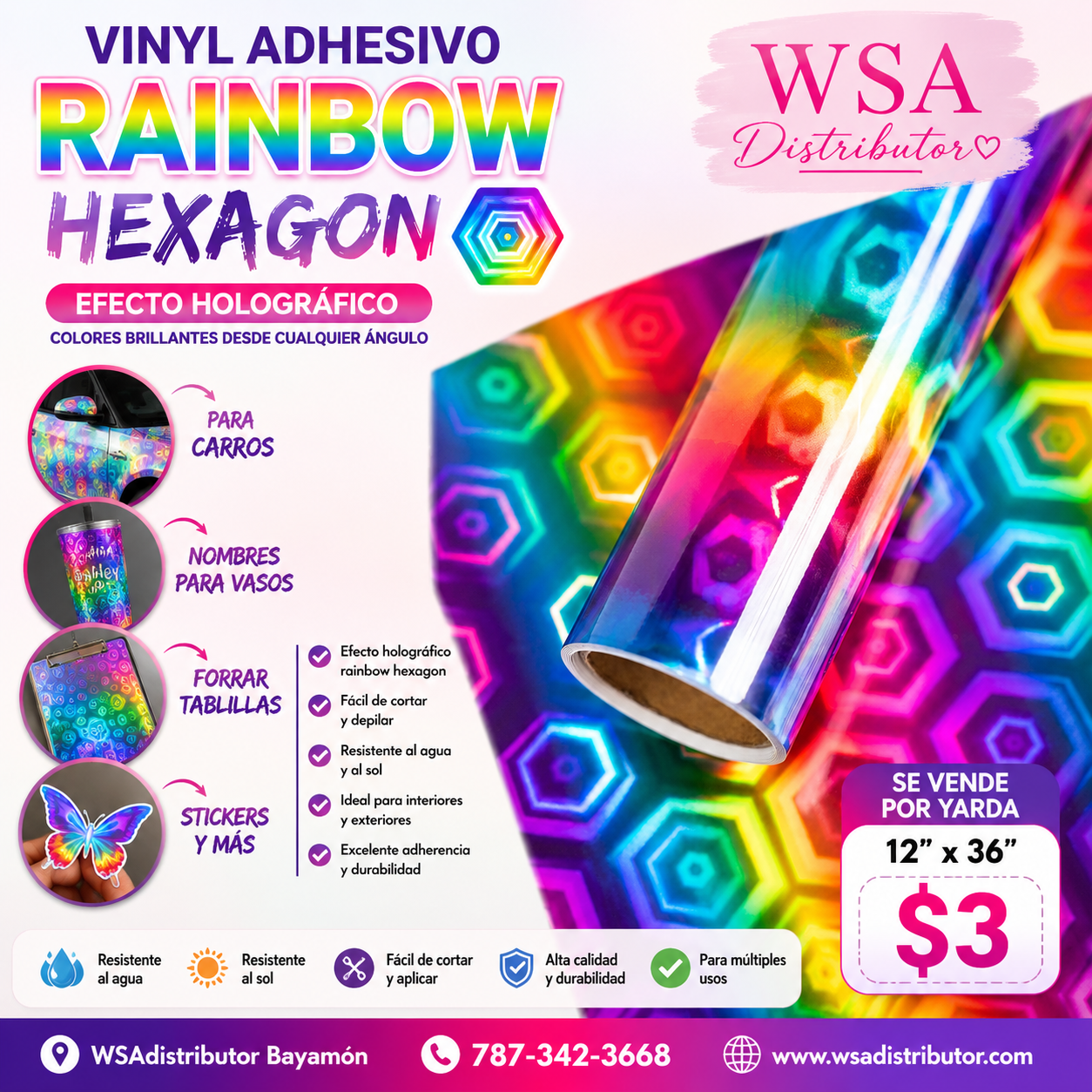 vinilo adhesivo rainbow hexagon 12"x36"