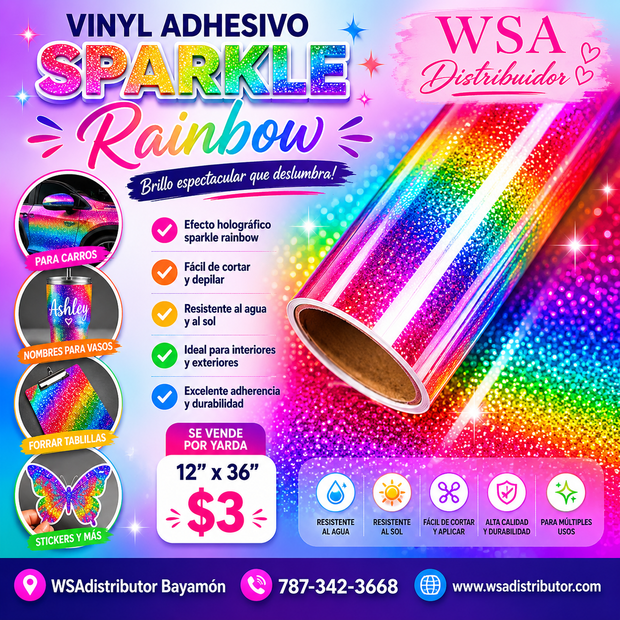 vinilo adhesivo sparkle rainbow 12"x36"