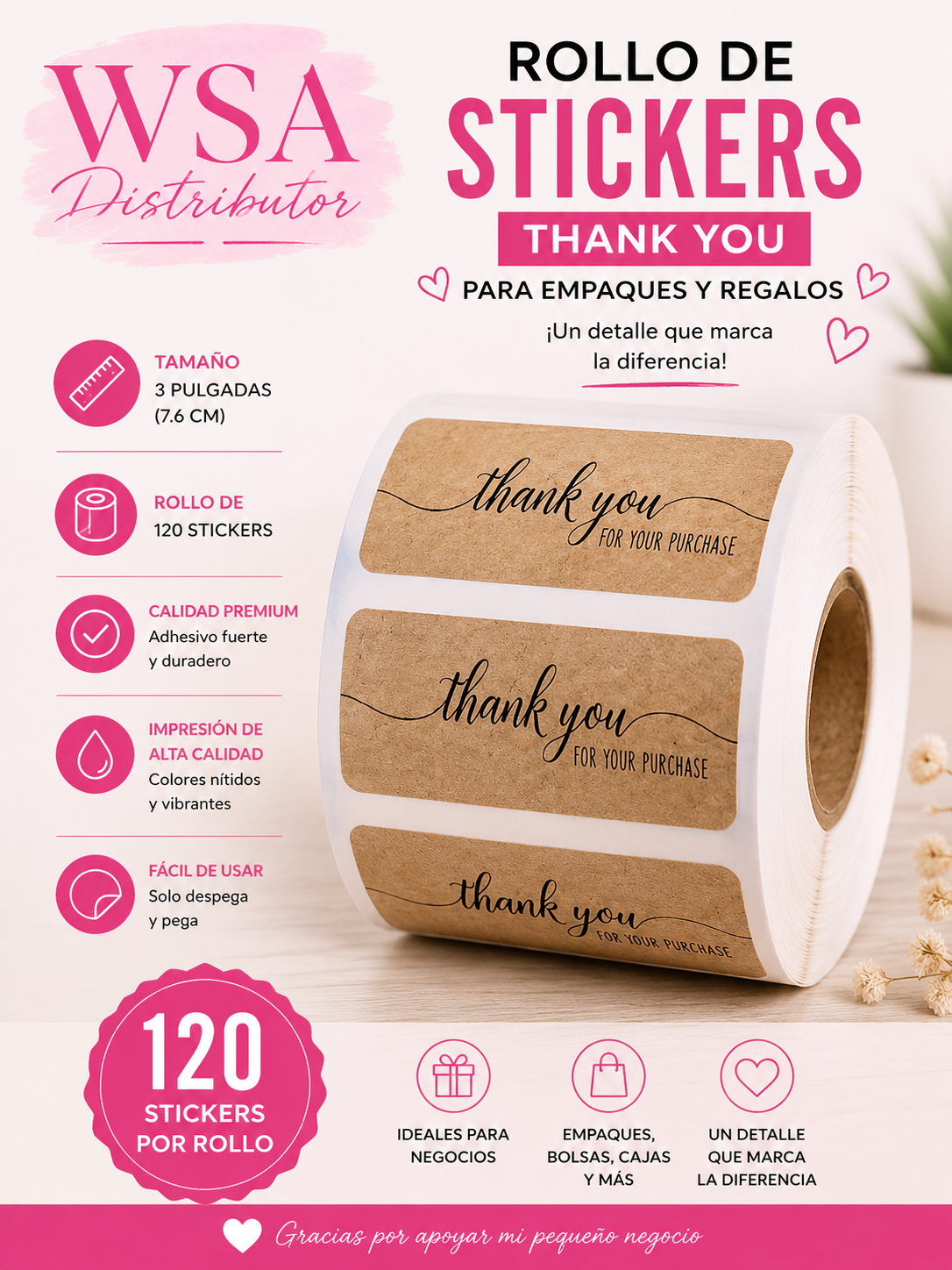 rollo de 120 stickers Thank You For Your Purchase de 3"