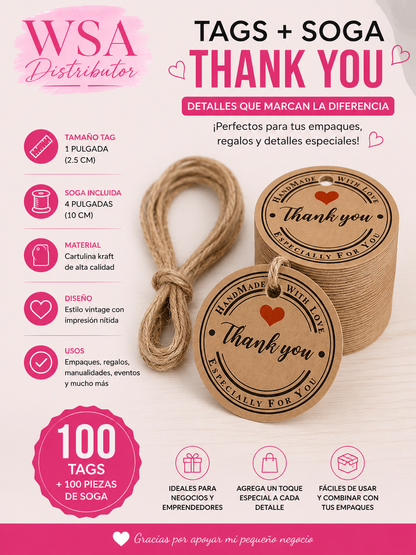 100 Tags Kraft Thank You de 1” con 100 Piezas de Soga para Empaques y Regalos