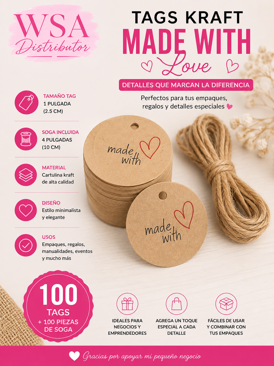 100 Tags Kraft Made With Love de 1” con 100 Piezas de Soga para Empaques y Regalos
