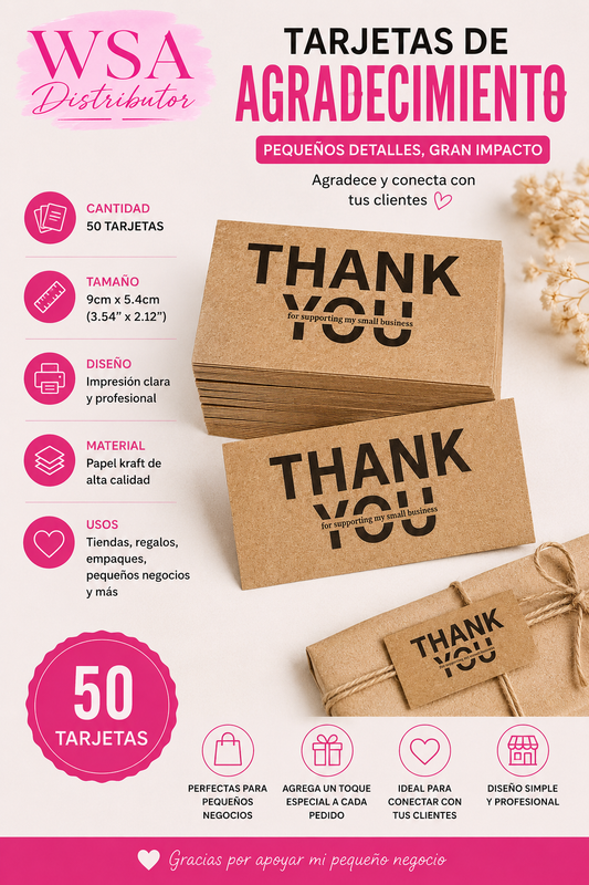 50 Tarjetas Kraft de Agradecimiento “Thank You” para Pequeños Negocios