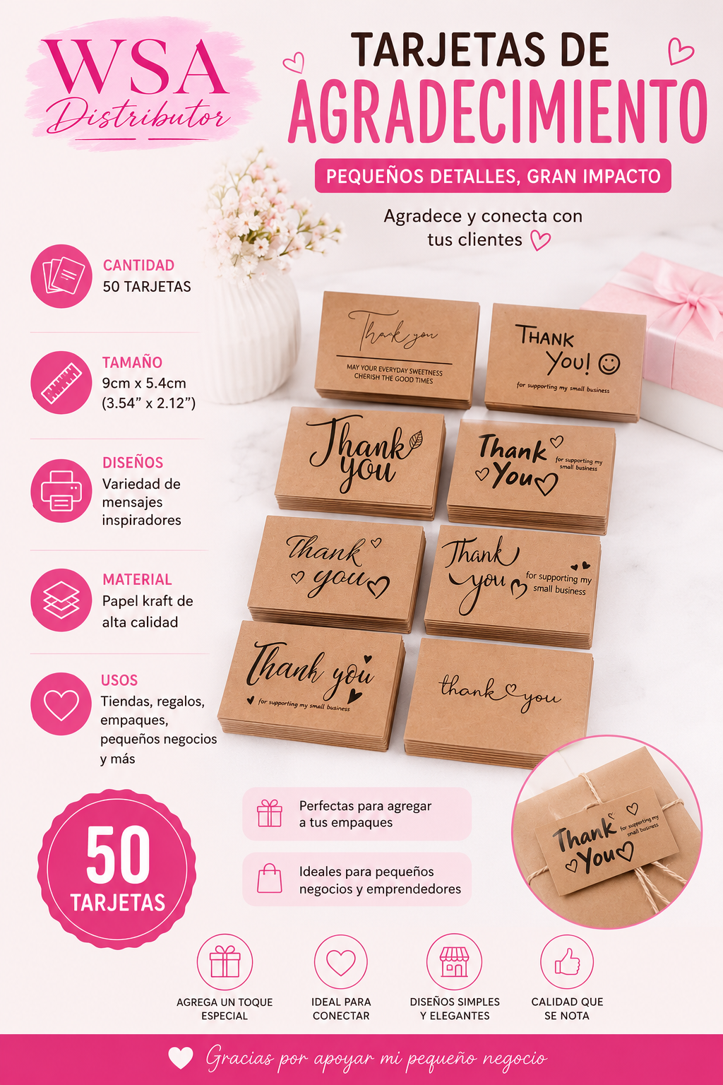50 Tarjetas Kraft Surtidas de Agradecimiento para Pequeños Negocios
