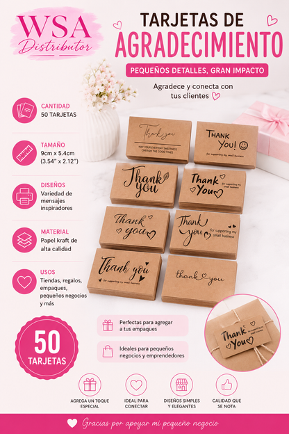 50 Tarjetas Kraft Surtidas de Agradecimiento para Pequeños Negocios