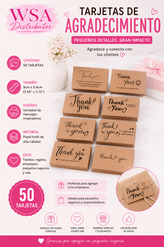 50 Tarjetas Kraft Surtidas de Agradecimiento para Pequeños Negocios