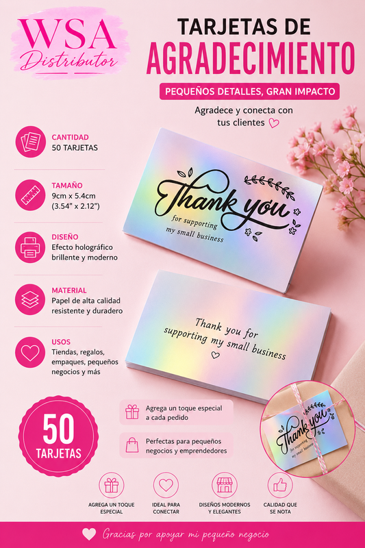 50 Tarjetas Holográficas de Agradecimiento para Pequeños Negocios