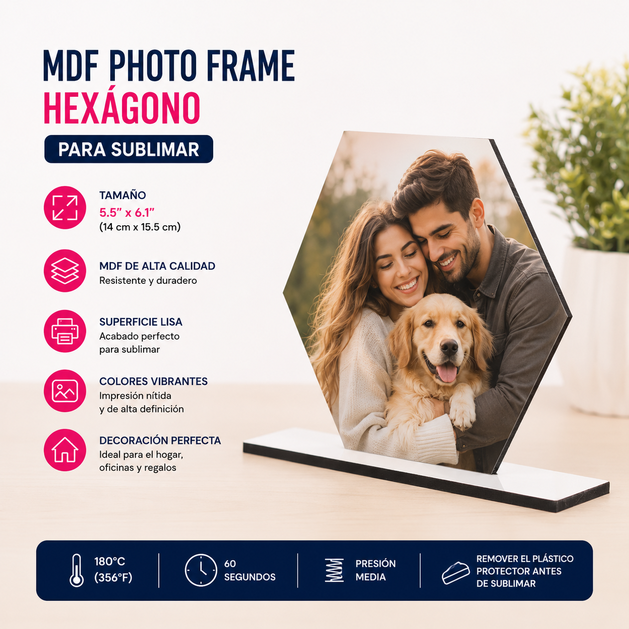 Marco de Foto Hexagonal de MDF para Sublimar 5.5" x 6.1"