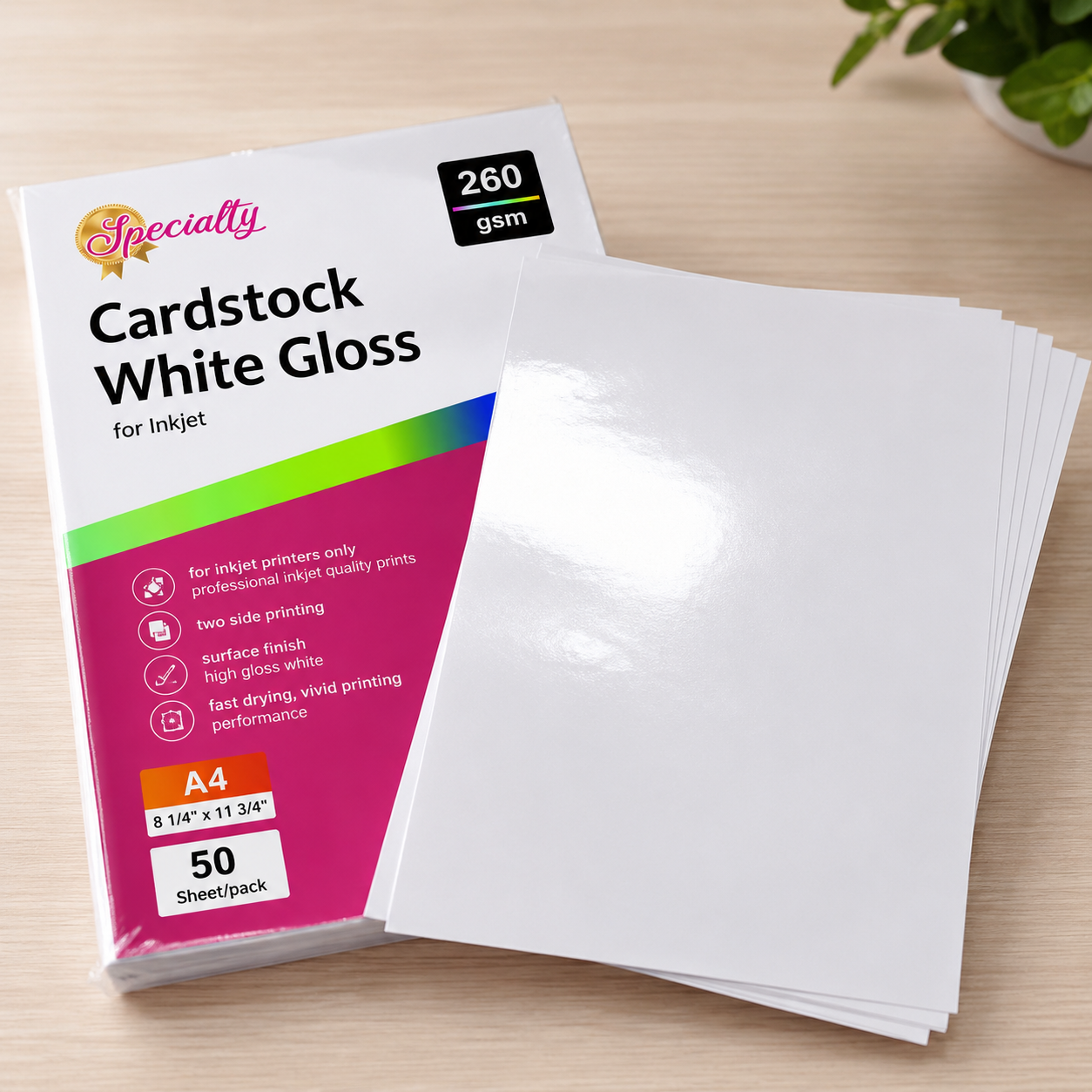 Cardstock White Gloss A4 260gsm para Impresoras Inkjet – Paquete de 50 Hojas