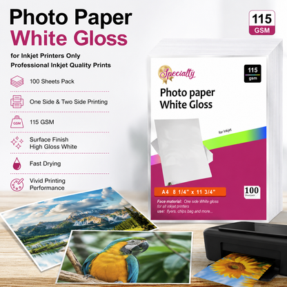 Photo Paper White Gloss A4 115gsm – 100 Hojas Premium para Impresoras Inkjet