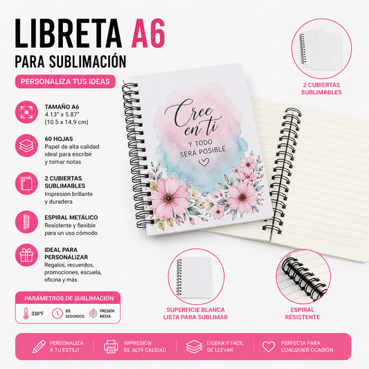 Libreta A6 para Sublimación con Espiral y 60 Hojas