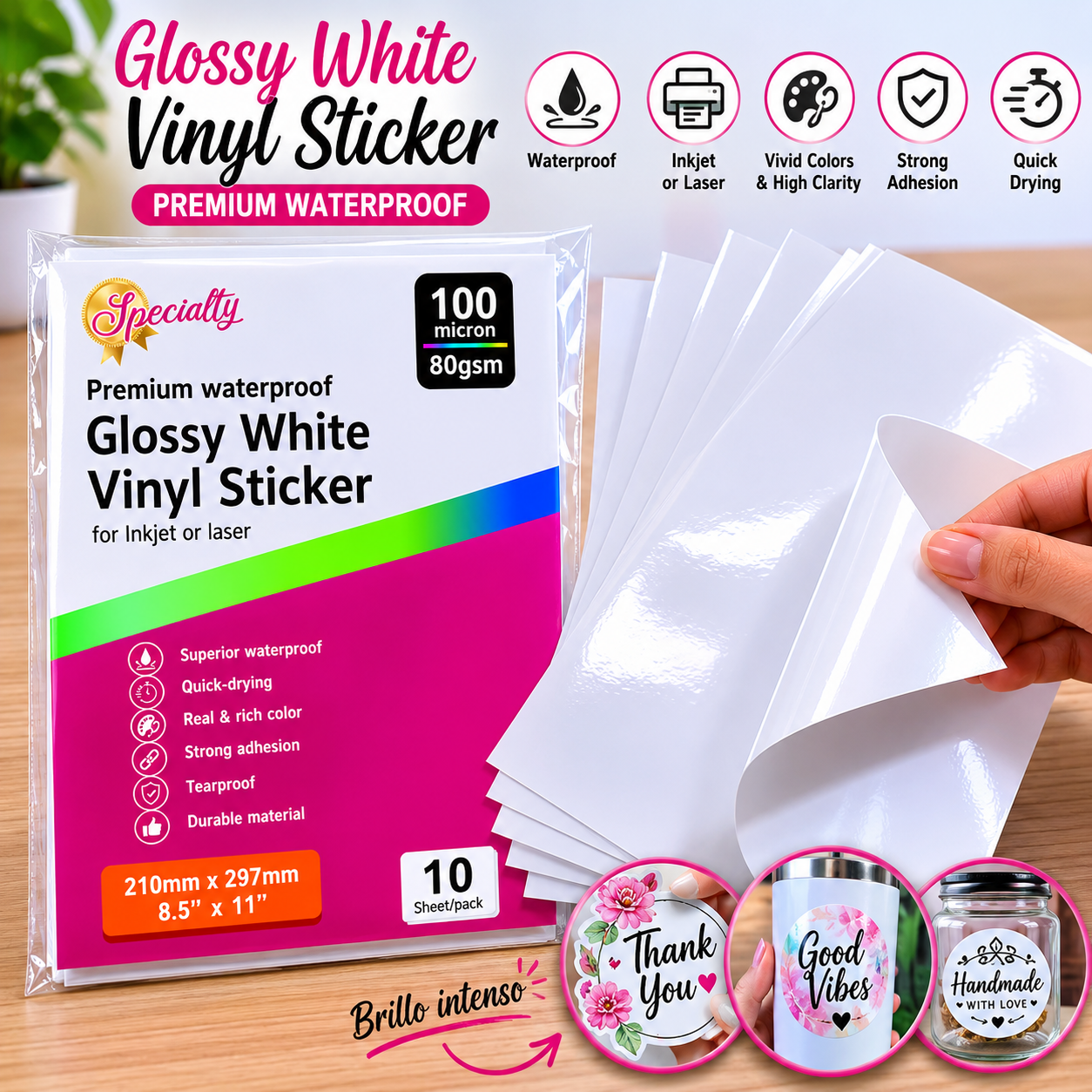 Stickers waterproof white gloss 8.5" x 11"