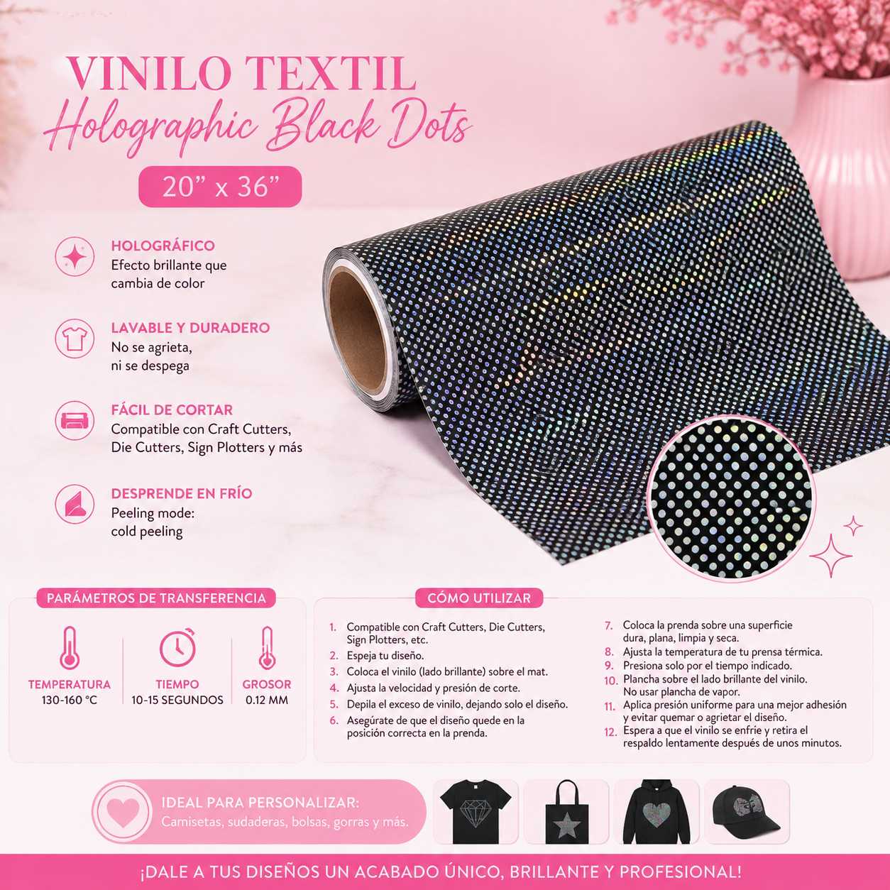 vinilo textil holographic black dots 20"x36"
