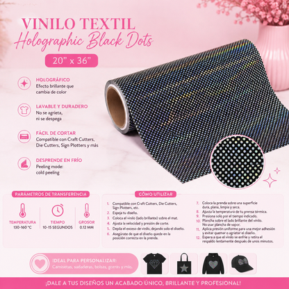 vinilo textil holographic black dots 20"x36"