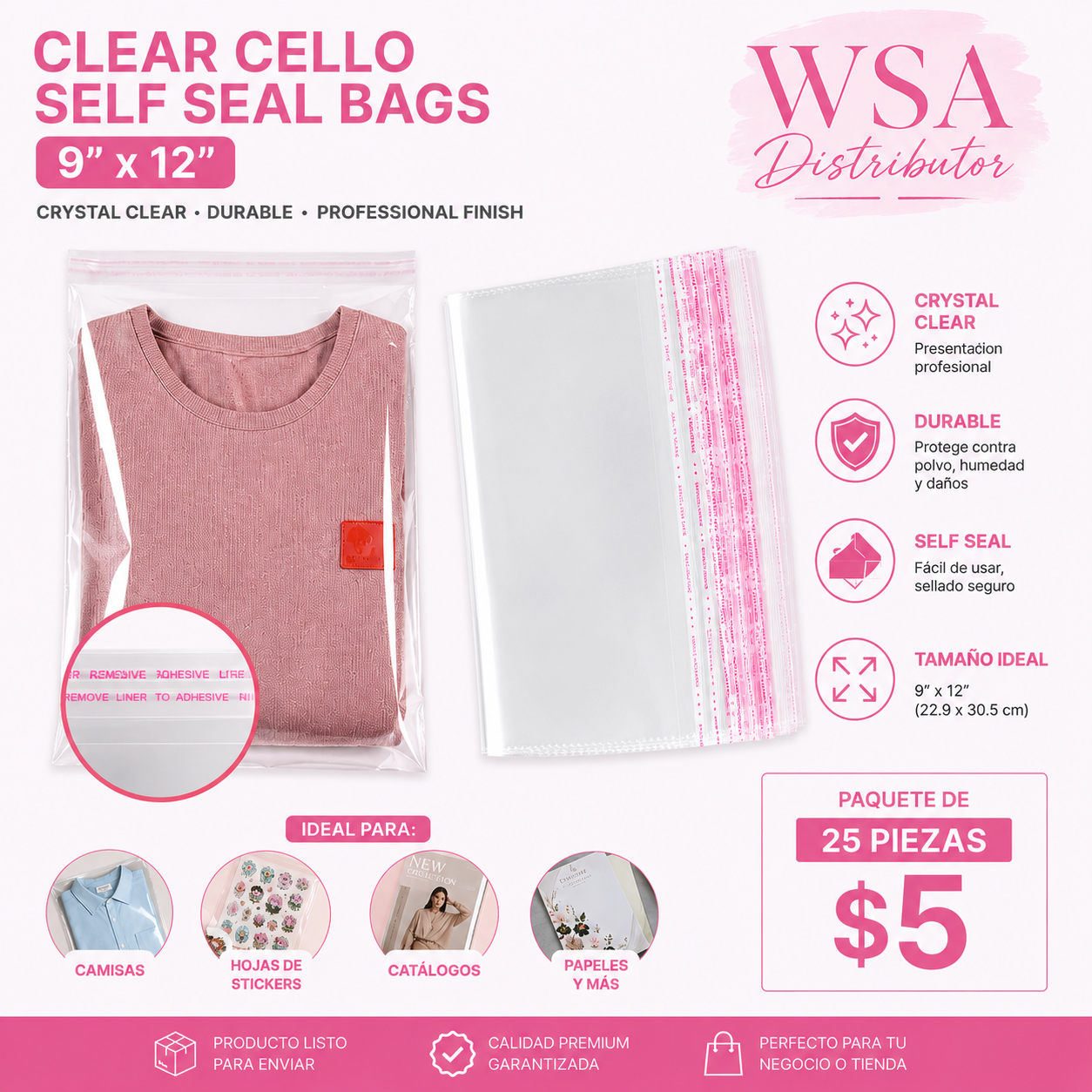 Bolsas Transparentes Clear Cello Self Seal 9" x 12" – Paquete de 25 o 100