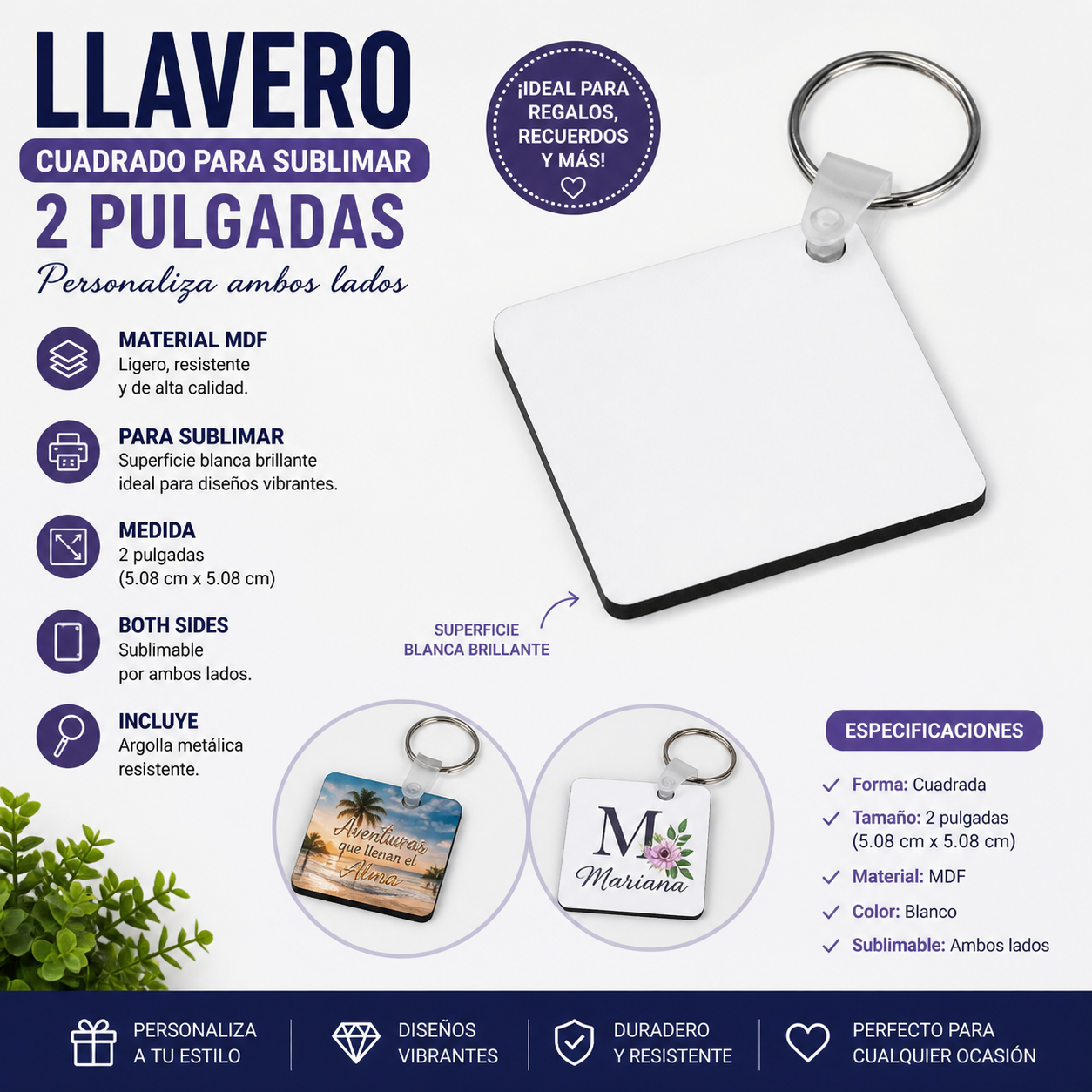 2-inch square double-sided sublimation MDF keychain