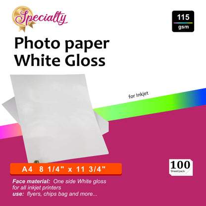 Photo Paper White Gloss A4 115gsm – 100 Hojas Premium para Impresoras Inkjet